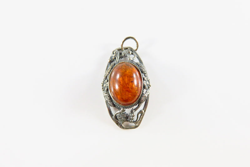 Mid Century Style Sterling Baltic Amber Pendant 925 Pierced Frame