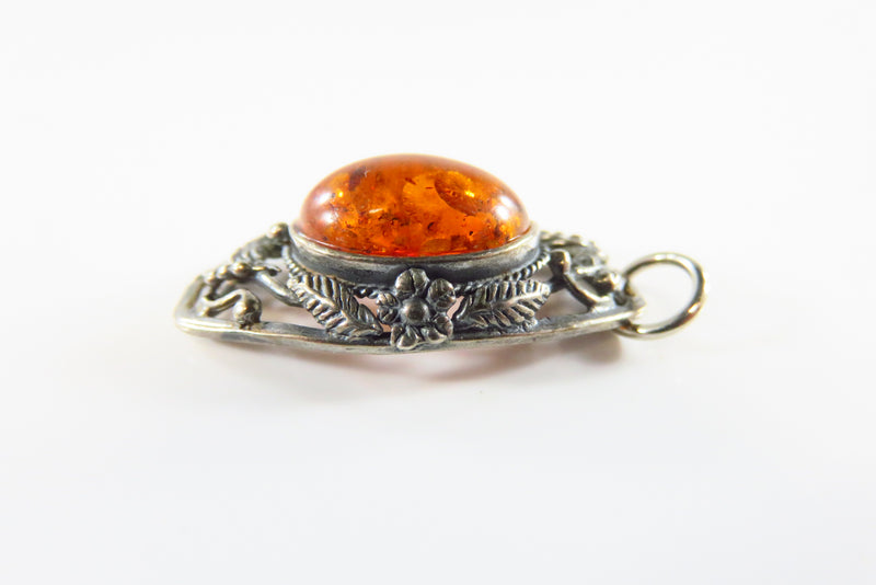 Mid Century Style Sterling Baltic Amber Pendant 925 Pierced Frame