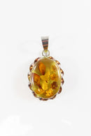 Vintage Pressed Flower Pendant Brooch Sterling Silver Amber Glass