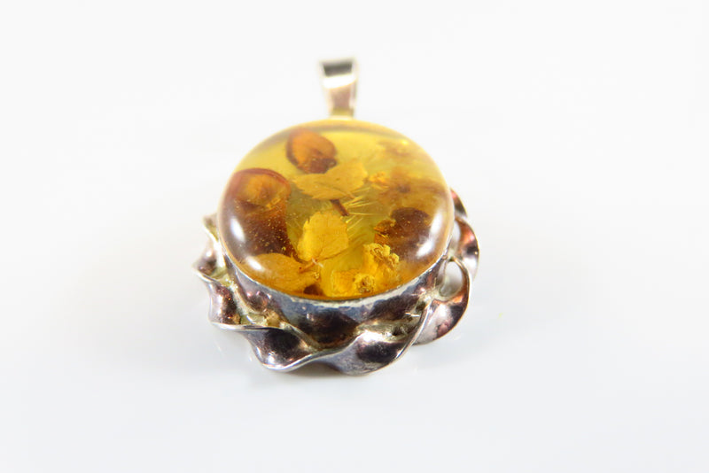 Vintage Pressed Flower Pendant Brooch Sterling Silver Amber Glass