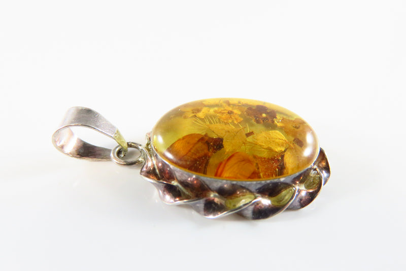 Vintage Pressed Flower Pendant Brooch Sterling Silver Amber Glass