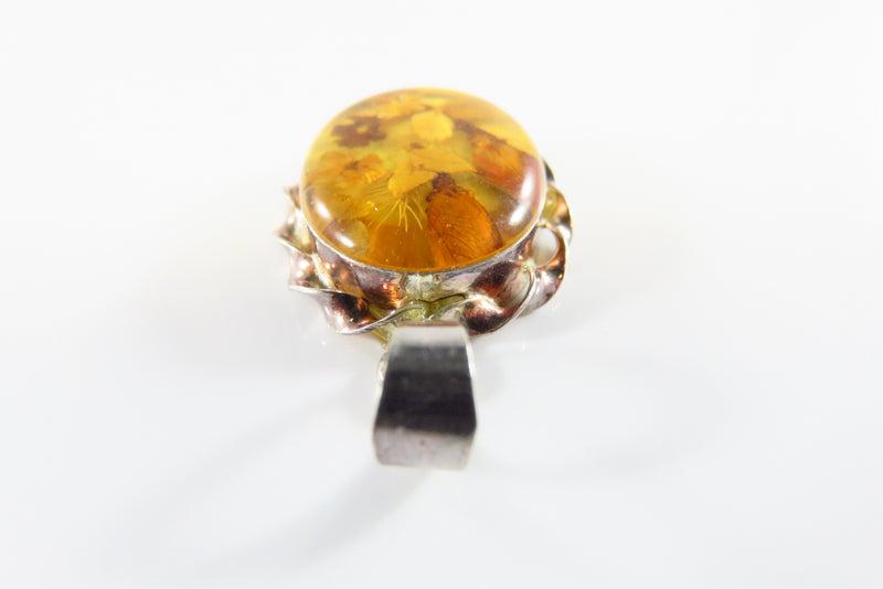 Vintage Pressed Flower Pendant Brooch Sterling Silver Amber Glass