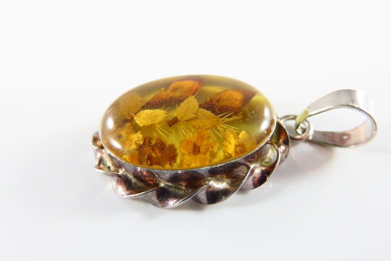 Vintage Pressed Flower Pendant Brooch Sterling Silver Amber Glass