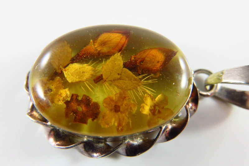 Vintage Pressed Flower Pendant Brooch Sterling Silver Amber Glass