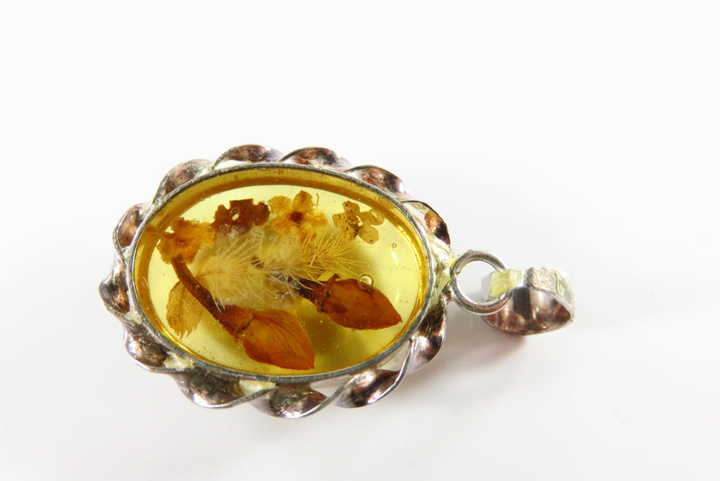 Vintage Pressed Flower Pendant Brooch Sterling Silver Amber Glass