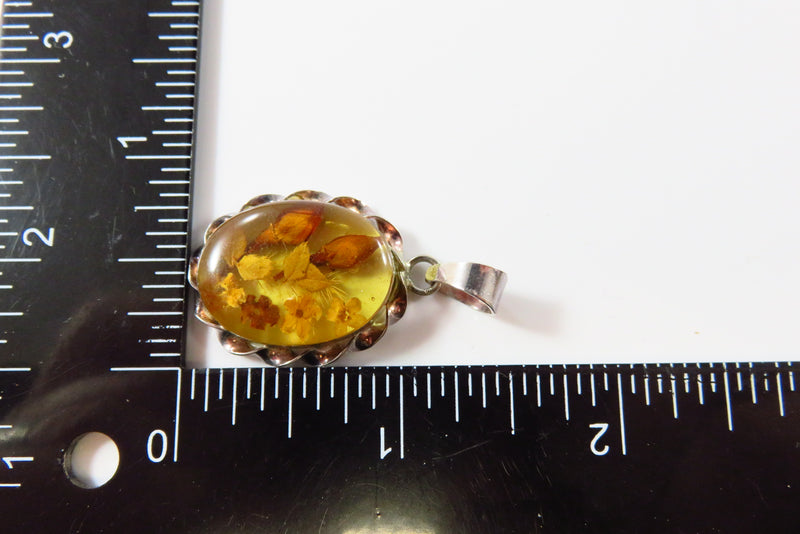 Vintage Pressed Flower Pendant Brooch Sterling Silver Amber Glass