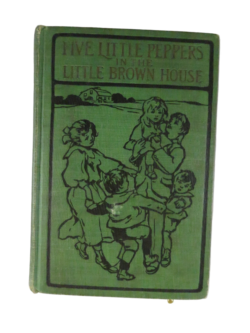 Vintage book cover of 'Five Little Peppers in the Little Brown House' with children illustration on green background