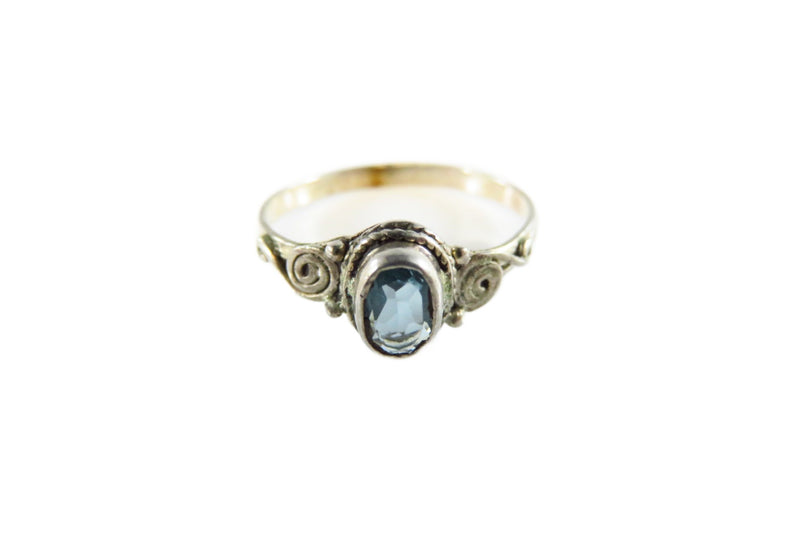 Vintage Oval Blue Glass Solitaire Sterling Silver Petite Ring Size 7 top view