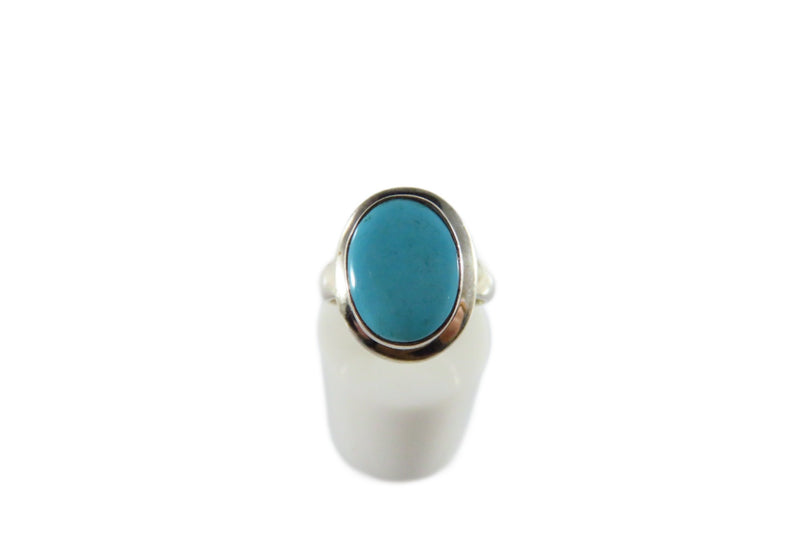 Pre-owned Oval Polished Turquoise Blue Glass High Top Sterling Silver Ring Size 7 top view