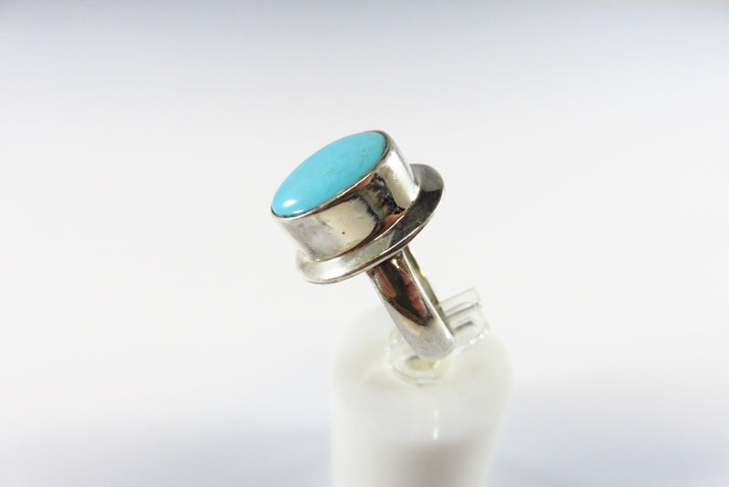 Pre-owned Oval Polished Turquoise Blue Glass High Top Sterling Silver Ring Size 7 side view