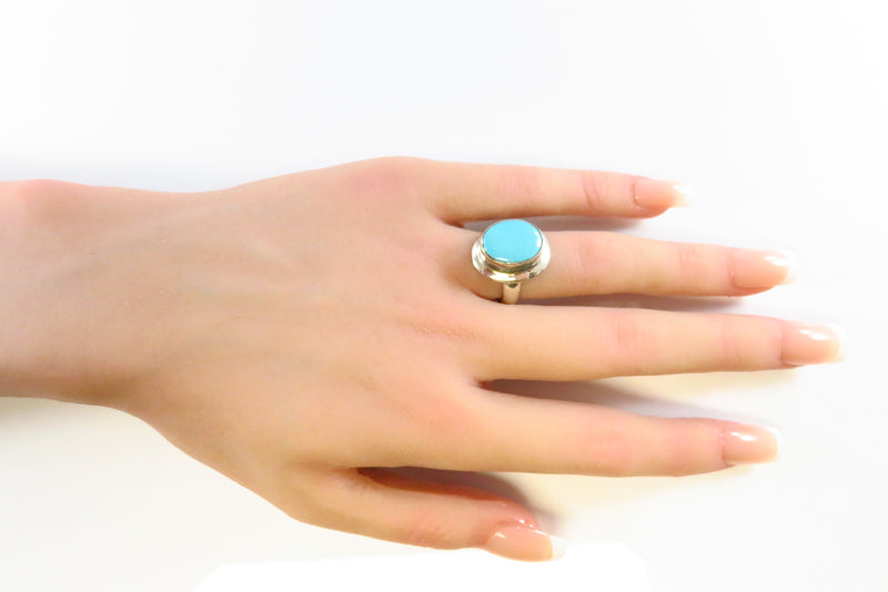 Pre-owned Oval Polished Turquoise Blue Glass High Top Sterling Silver Ring Size 7 on hand