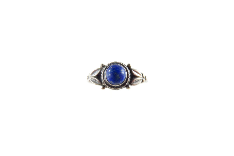 Vintage Round Cabochon Lapis Lazuli Solitaire Sterling Silver Petite Ring Size 6.75 top view