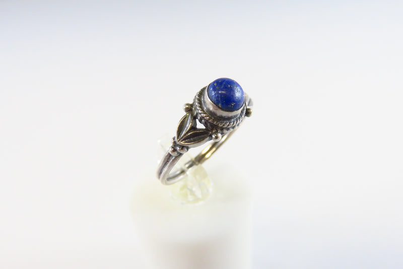 Vintage Round Cabochon Lapis Lazuli Solitaire Sterling Silver Petite Ring Size 6.75