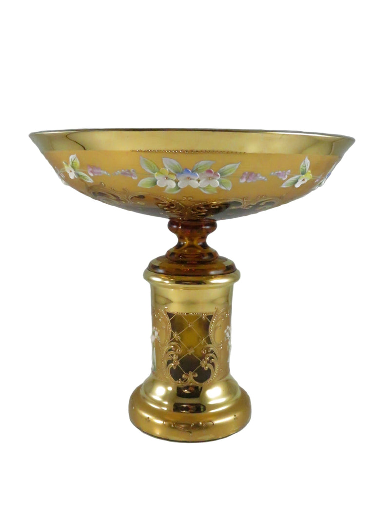 Vintage Moser Style Bohemian Amber Glass Compote with Gold Gilding and Enamel Flowers — Gold, Enamel — front view
