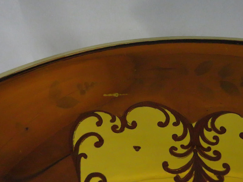 Vintage Moser Style Bohemian Amber Glass Compote with Gold Gilding and Enamel Flowers