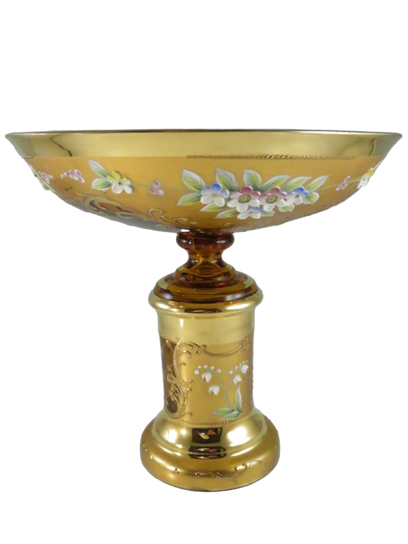 Vintage Moser Style Bohemian Amber Glass Compote with Gold Gilding and Enamel Flowers