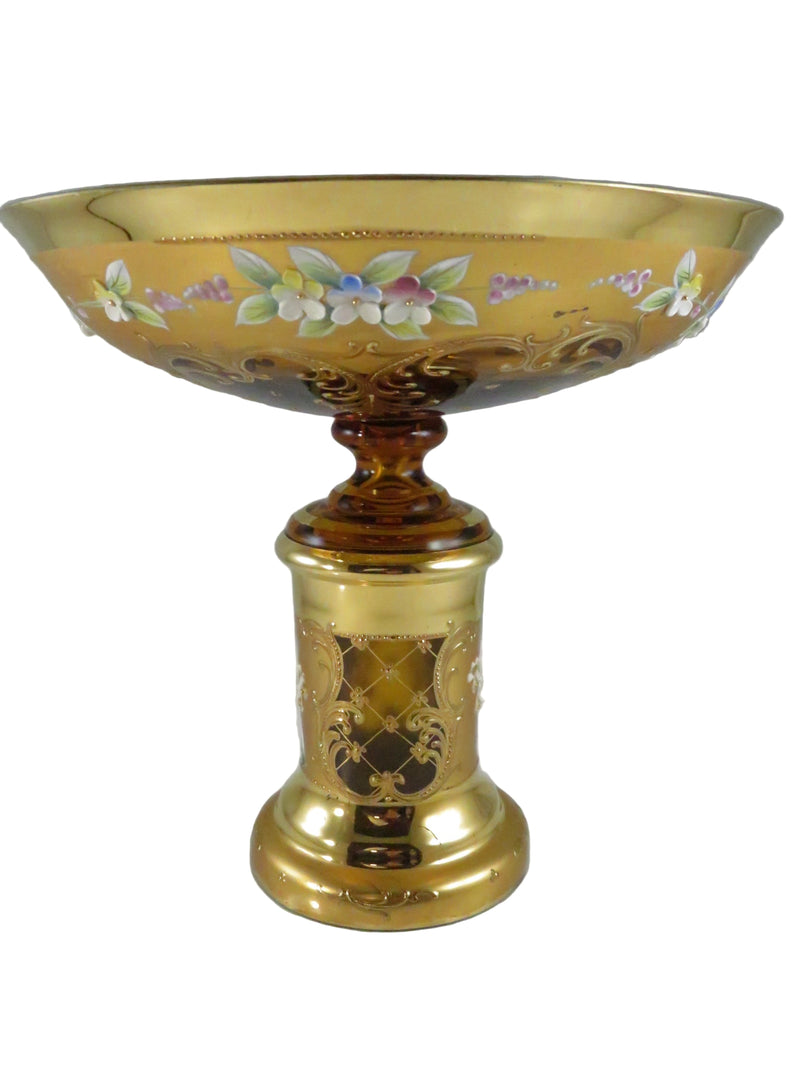 Vintage Moser Style Bohemian Amber Glass Compote with Gold Gilding and Enamel Flowers