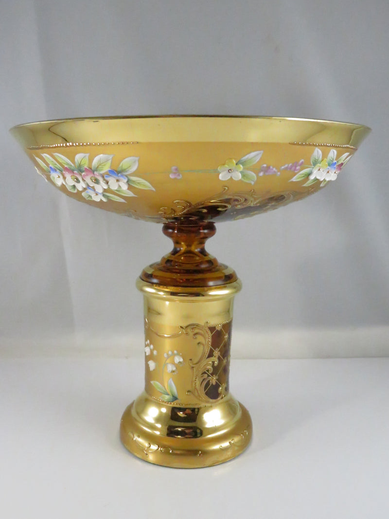 Vintage Moser Style Bohemian Amber Glass Compote with Gold Gilding and Enamel Flowers