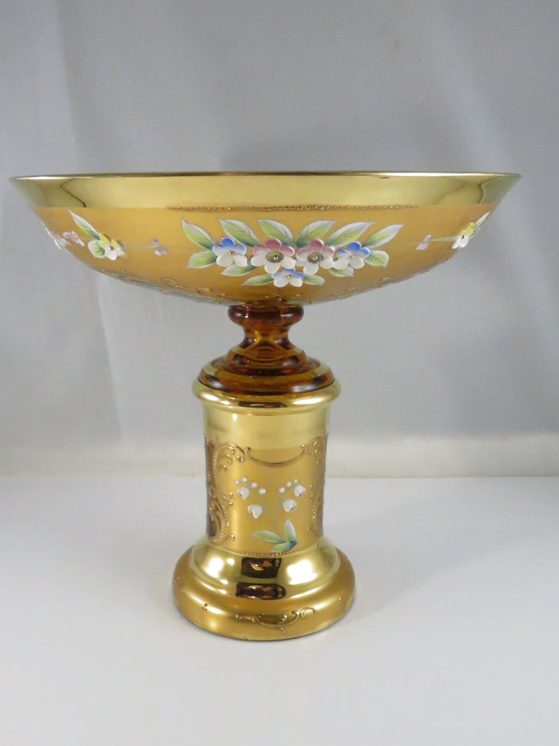 Vintage Moser Style Bohemian Amber Glass Compote with Gold Gilding and Enamel Flowers
