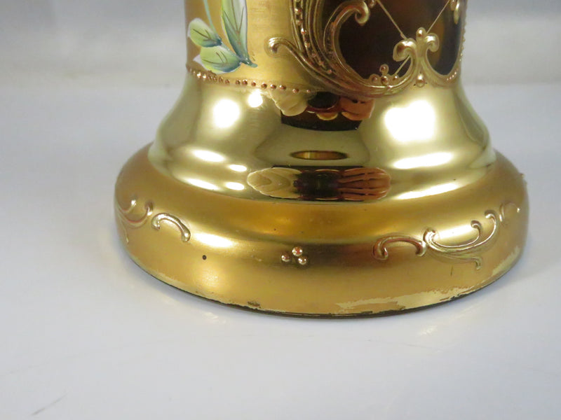 Vintage Moser Style Bohemian Amber Glass Compote with Gold Gilding and Enamel Flowers