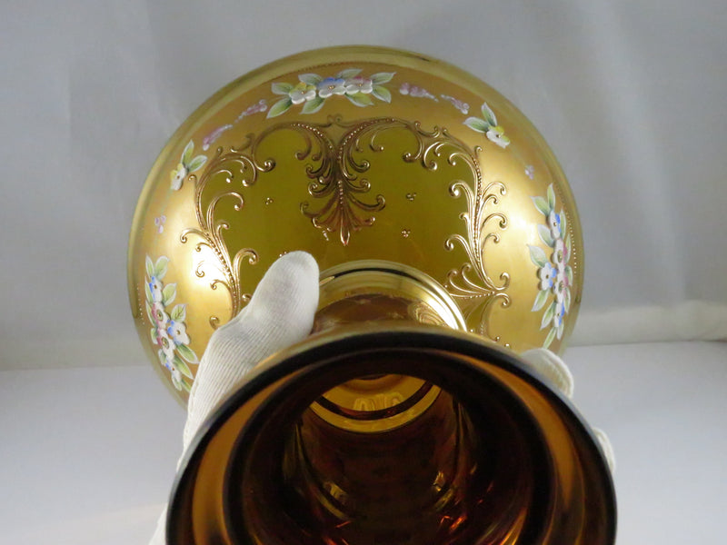 Vintage Moser Style Bohemian Amber Glass Compote with Gold Gilding and Enamel Flowers