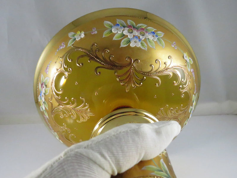 Vintage Moser Style Bohemian Amber Glass Compote with Gold Gilding and Enamel Flowers
