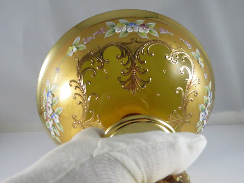 Vintage Moser Style Bohemian Amber Glass Compote with Gold Gilding and Enamel Flowers