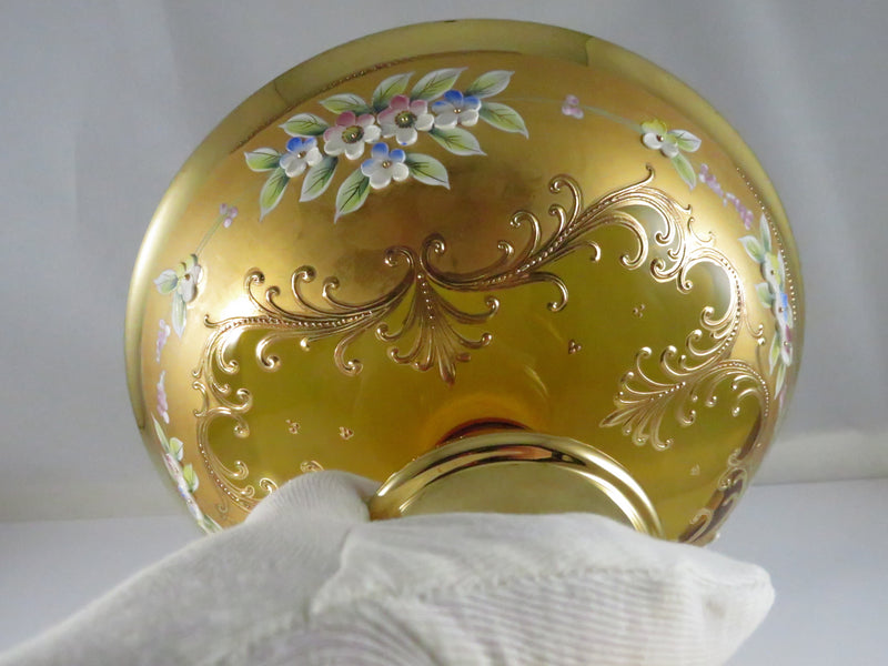 Vintage Moser Style Bohemian Amber Glass Compote with Gold Gilding and Enamel Flowers