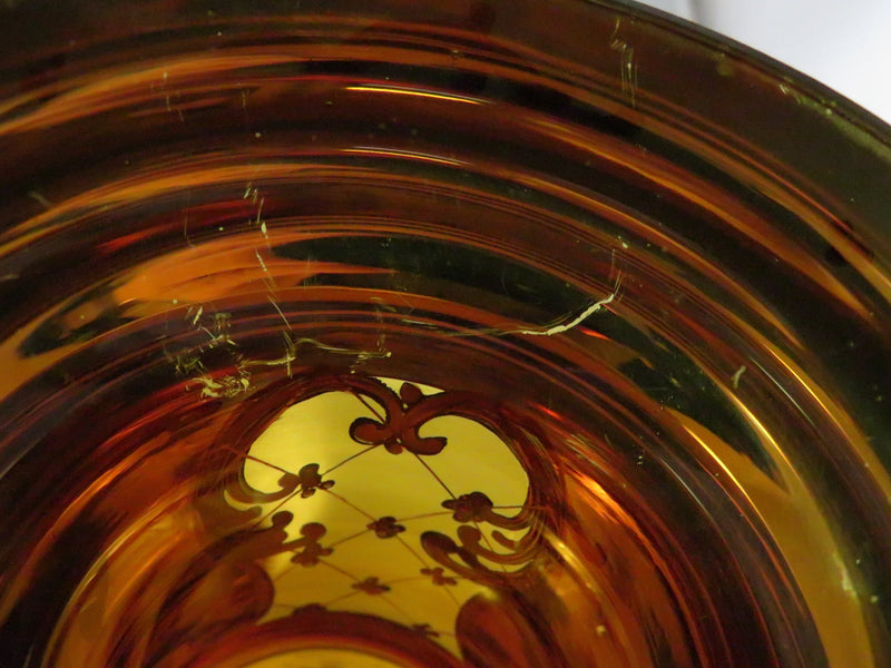 Vintage Moser Style Bohemian Amber Glass Compote with Gold Gilding and Enamel Flowers