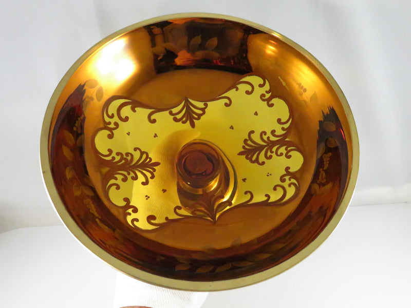 Vintage Moser Style Bohemian Amber Glass Compote with Gold Gilding and Enamel Flowers
