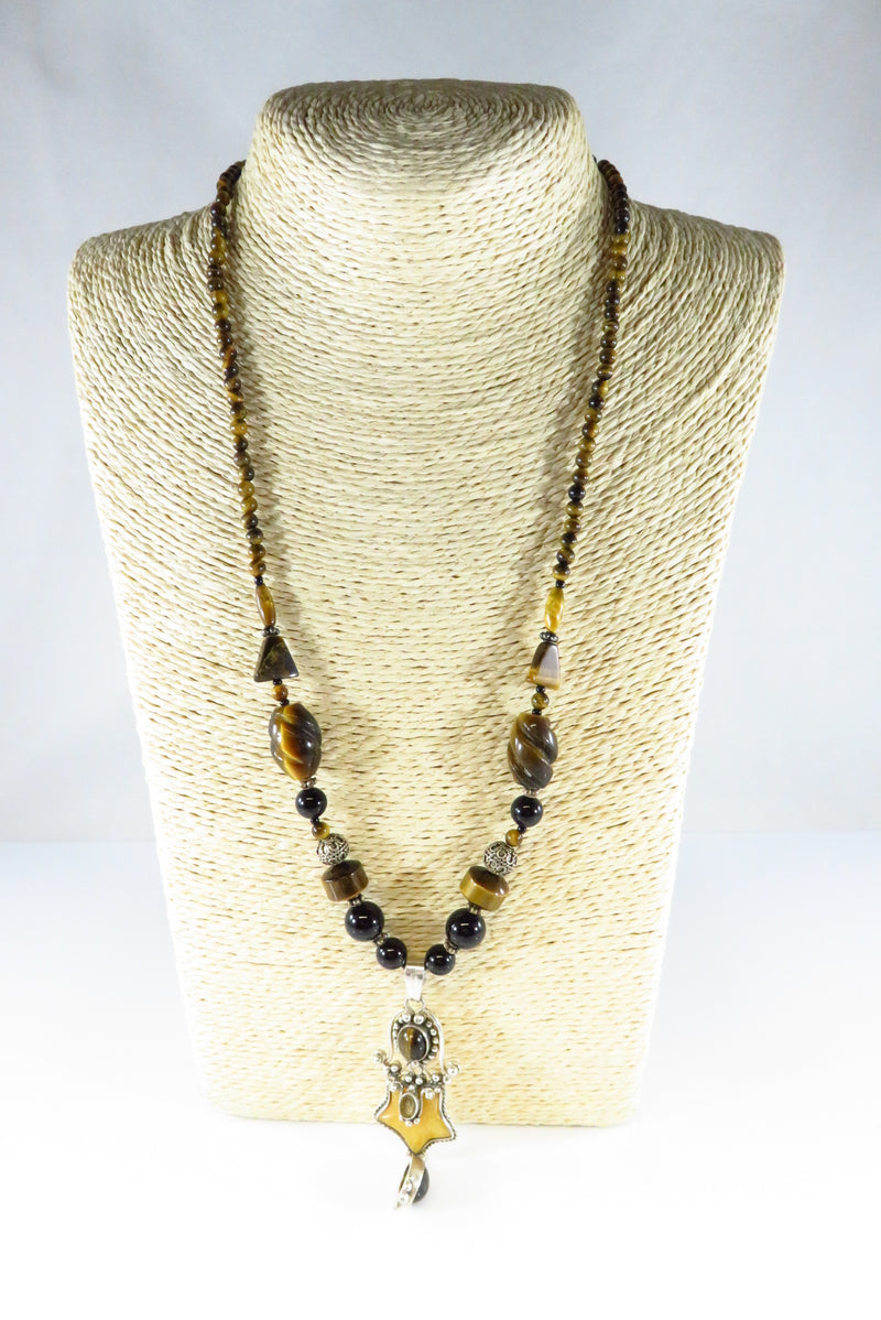 23 3/4" TL Beaded Tigers Eye Gem Stone Necklace with Sterling Lobster Clasp