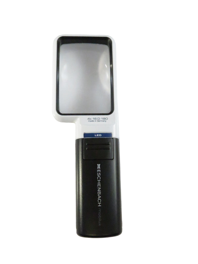 Handheld magnifying glass with light on a white background, branded 'Eschenbach'.
