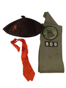 Vintage Girl Scouts Brown Cap, Orange Tie, and Troop 806 Penn Laurel Sash Set — front view