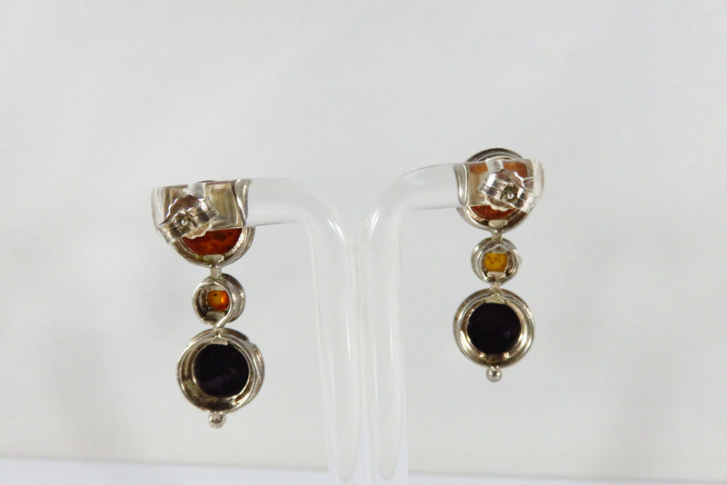 Vintage Dangling Amber Earrings 3 Level Post Earring Unsigned Testing Silver