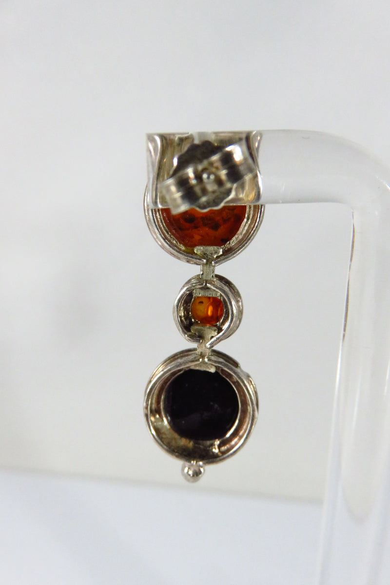 Vintage Dangling Amber Earrings 3 Level Post Earring Unsigned Testing Silver