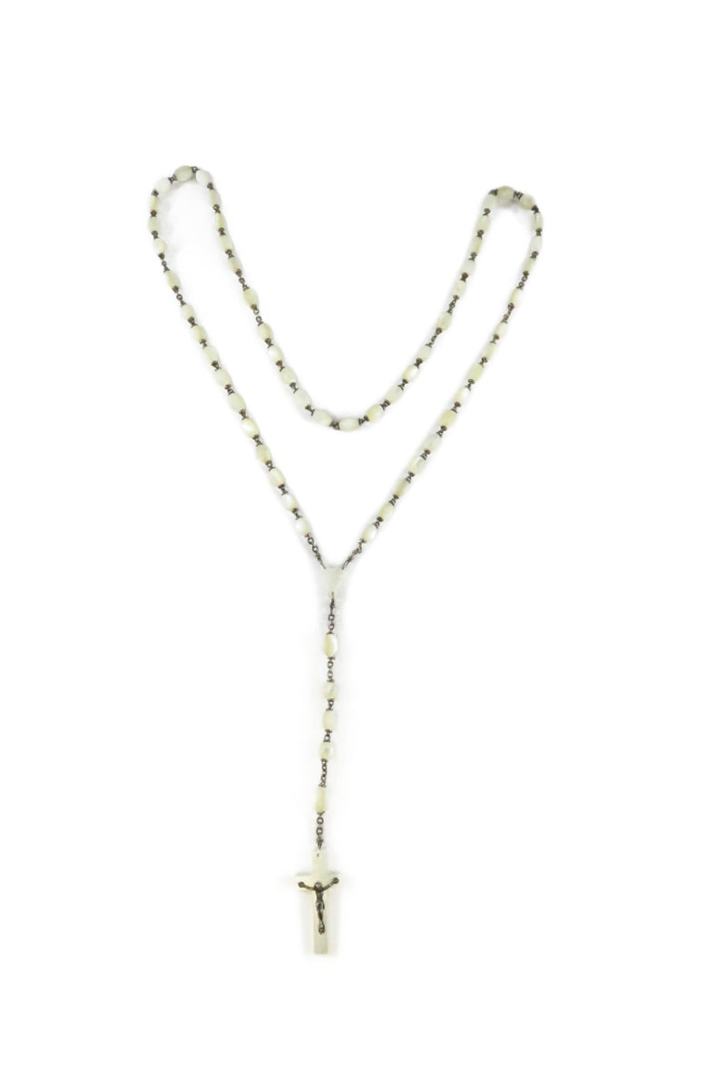 Mother of Pearl & MOP Rosary Cross w/ White Metal Vintage Beaded Necklace — Jewelry & Watches:Fine Jewelry:Fine Necklaces & P
