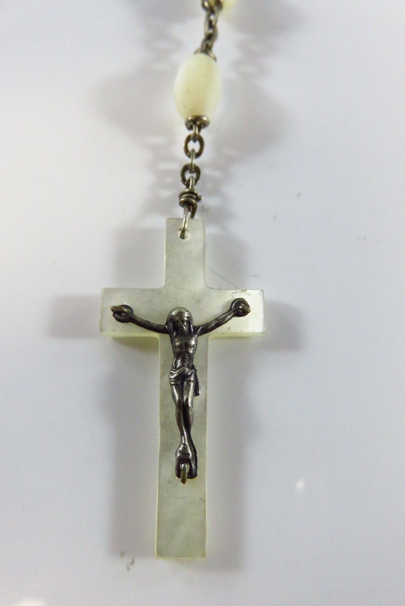 Mother of Pearl & MOP Rosary Cross w/ White Metal Vintage Beaded Necklace close up of cross