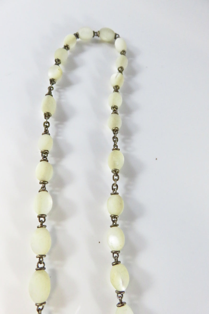 Mother of Pearl & MOP Rosary Cross w/ White Metal Vintage Beaded Necklace close up of beads