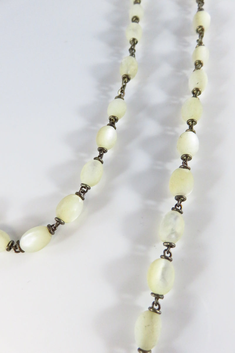 Mother of Pearl & MOP Rosary Cross w/ White Metal Vintage Beaded Necklace close up of beads