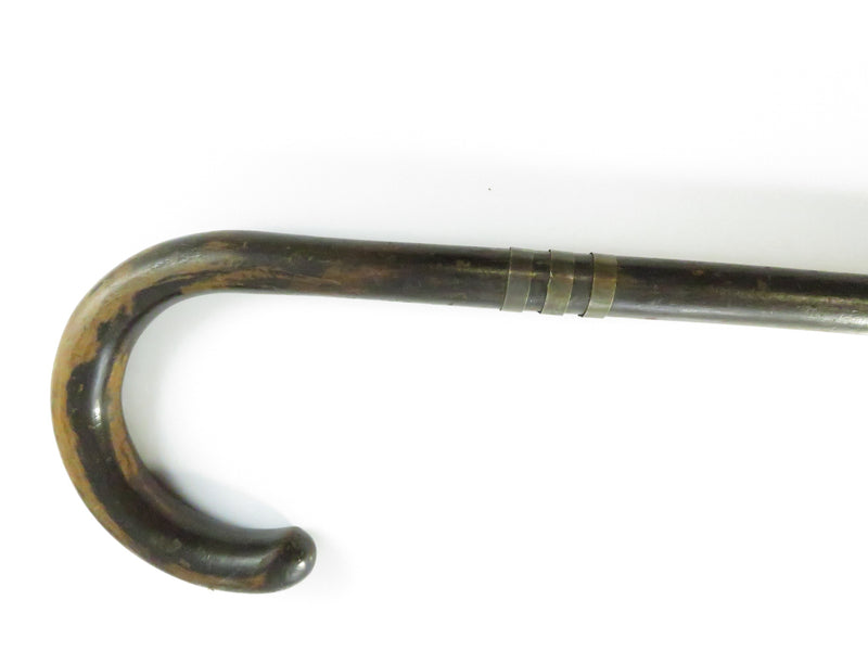 Antique Dark Wood Crook Cane ~ Sterling-Cigar Bands ~ 34¼″ Height