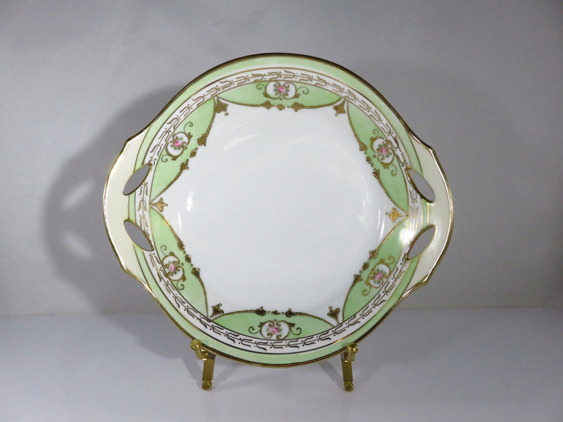 Antique Hand Painted Nippon Service Bowl, Green, White, Rose, Gold Guilt