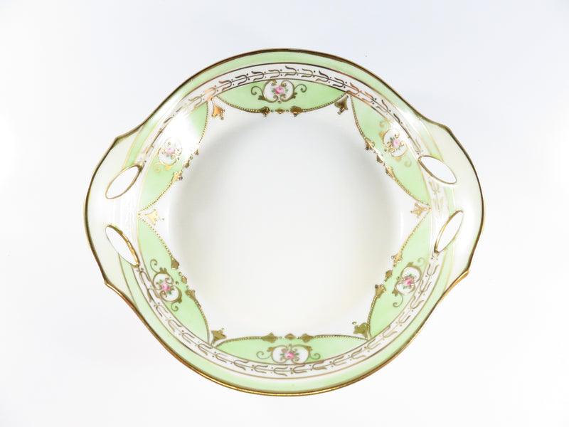 Antique Hand Painted Nippon Service Bowl, Green, White, Rose, Gold Guilt Top View