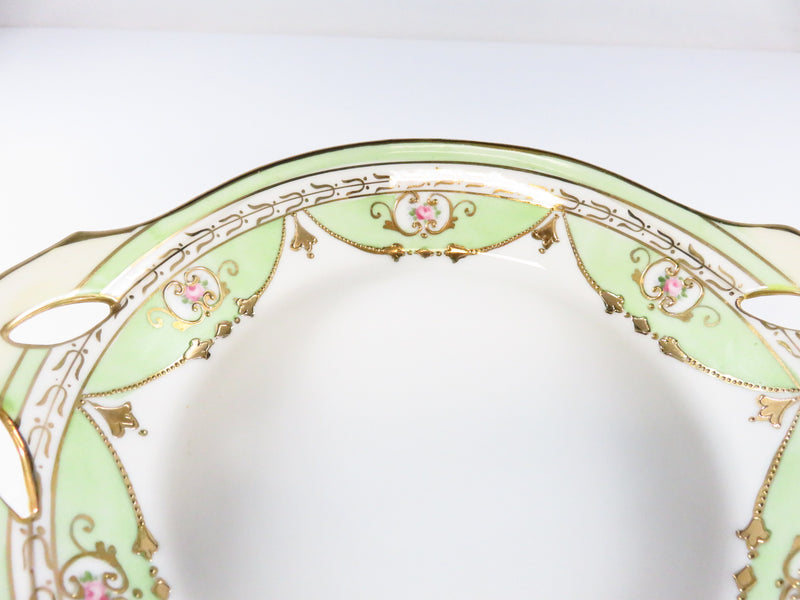 Antique Hand Painted Nippon Service Bowl, Green, White, Rose, Gold Guilt Pattern View