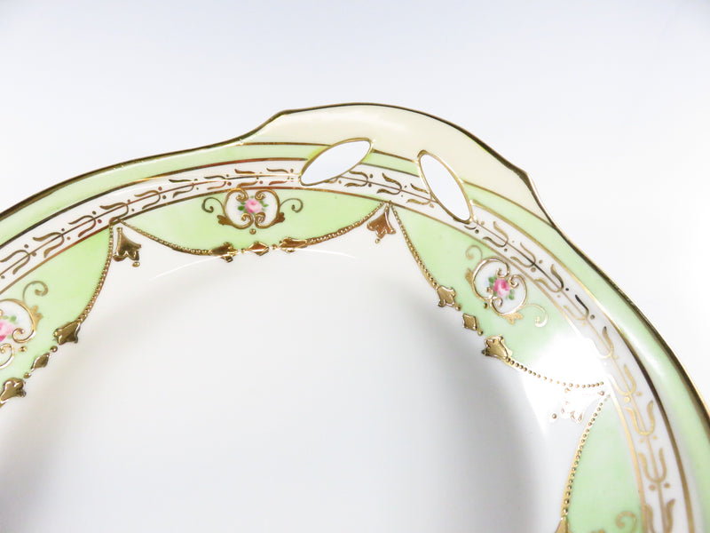 Antique Hand Painted Nippon Service Bowl, Green, White, Rose, Gold Guilt Pattern View