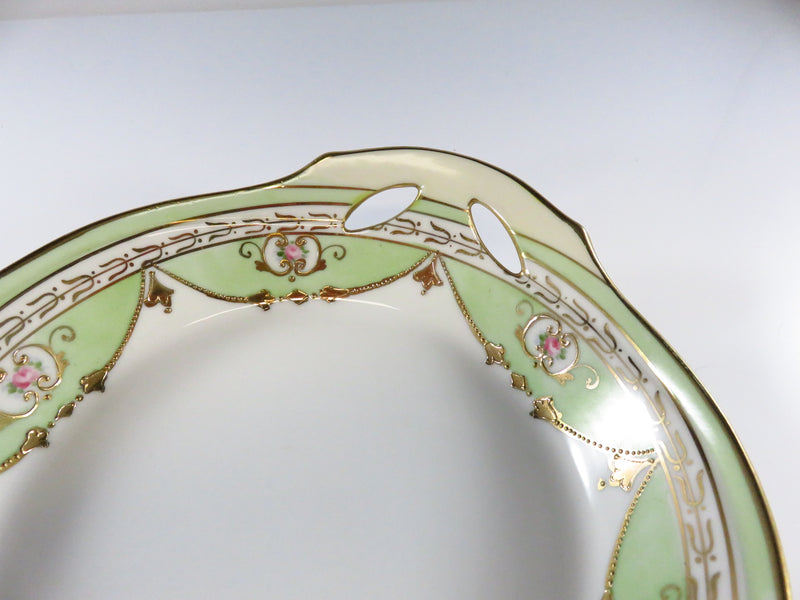 Antique Hand Painted Nippon Service Bowl, Green, White, Rose, Gold Guilt Pattern View