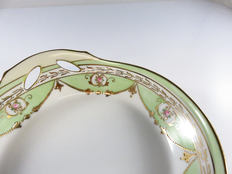 Antique Hand Painted Nippon Service Bowl, Green, White, Rose, Gold Guilt Pattern View