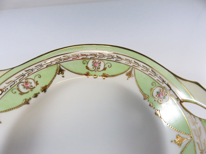 Antique Hand Painted Nippon Service Bowl, Green, White, Rose, Gold Guilt Pattern View