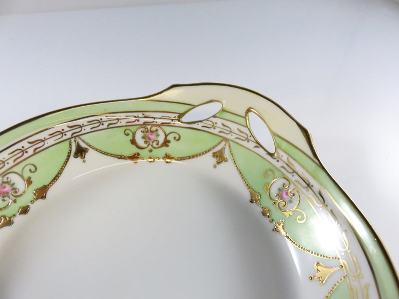 Antique Hand Painted Nippon Service Bowl, Green, White, Rose, Gold Guilt Pattern View