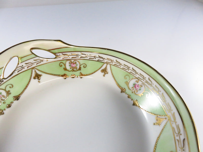 Antique Hand Painted Nippon Service Bowl, Green, White, Rose, Gold Guilt Pattern View