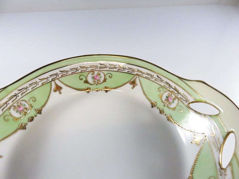 Antique Hand Painted Nippon Service Bowl, Green, White, Rose, Gold Guilt Pattern View